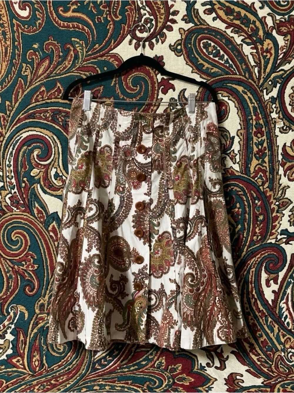 Cabi Paisley Button-Front Pleated Midi Skirt